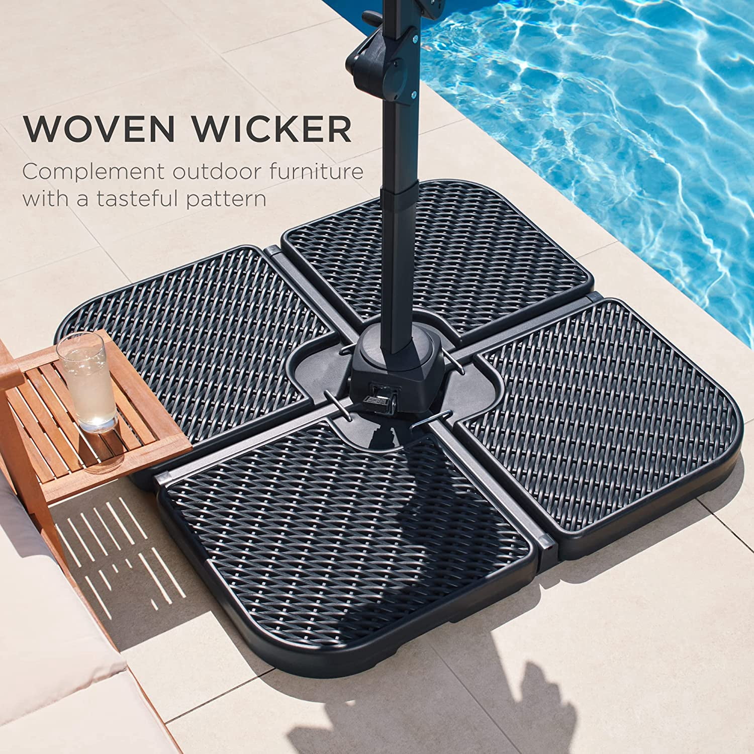 WBTER 4-Piece 174lb Capacity Faux Wicker Cantilever Offset Patio Umbrella Stand Heavy-Duty Square Plate Set w/Easy-Fill Spouts for Water or Sand