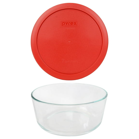 Pyrex 7203 7-Cup Glass Food Storage Bowl w/ 7402-PC Poppy Red Plastic Lid Cover (2-Pack)