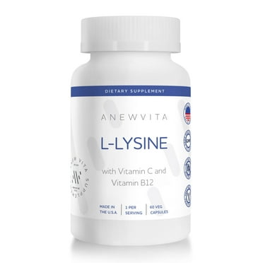 Anew Vita L-Lysine Supplement | w/ Vitamin B12   C   Zinc | Lip, Mouth, Oral Tissue Health | Immunity Support | 500mg | 60 Vegetable Capsules | Non-GMO | Gluten Free | Made in USA