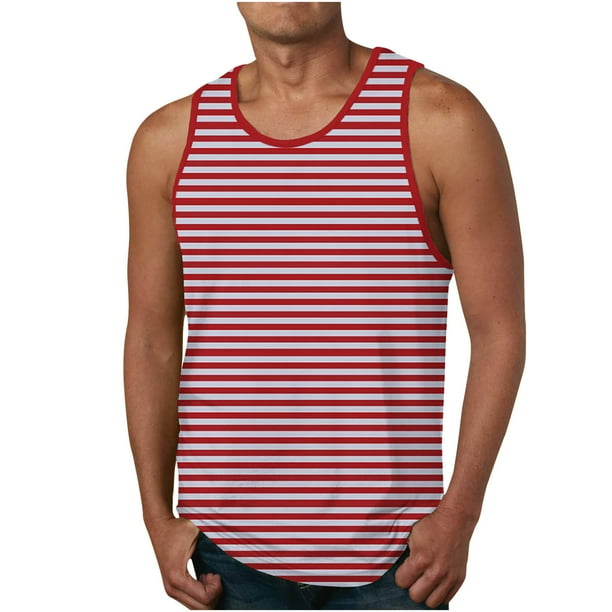 Tanques para Hombre para el Verano Solto Chaleco Raya Impresión Deporte Cuello Redondo Superior