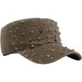 thumbnail image 6 of Byfri Studded Cadet Cap Khaki Cotton Adjustable Flat Top Hat for Men Women Streetwear, 6 of 7