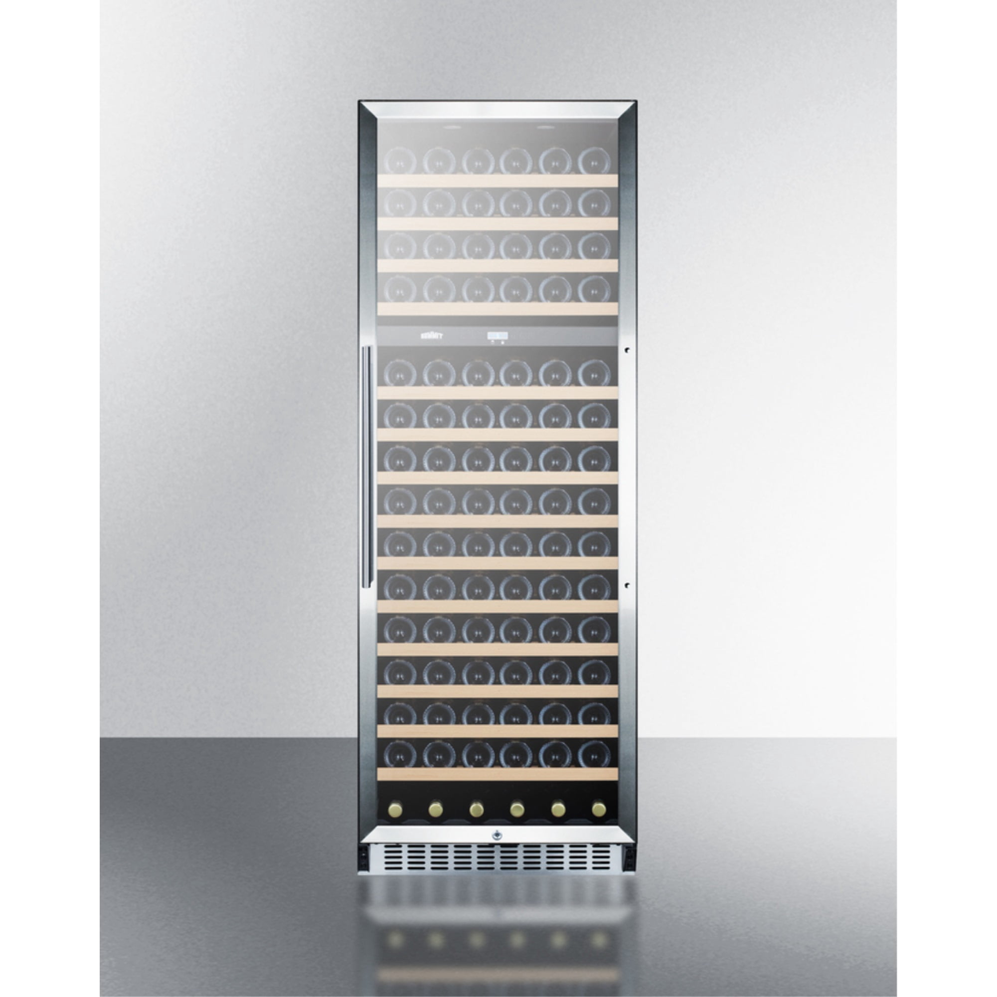 2-zone 160 bottle wine cellar with glass door, digital thermostat, and stainless steel wrapped cabinet