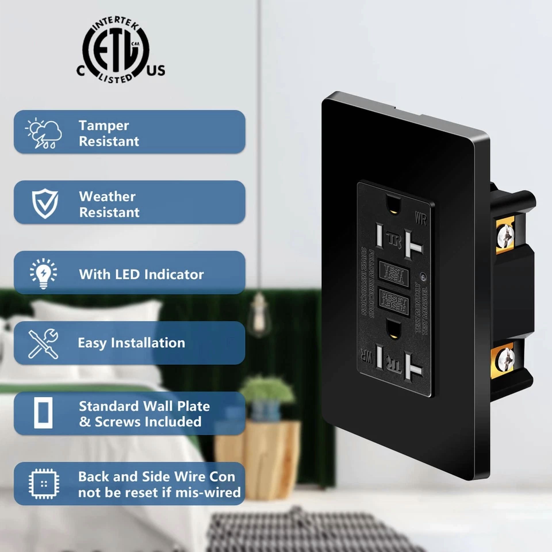 FLINT - Gfci Outlet 20Amp Tamper Resistant Weather Resistant Receptacle With Plate Black