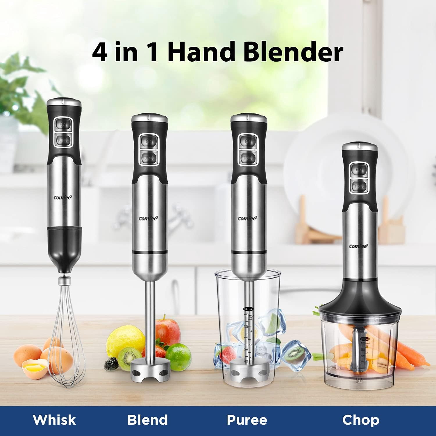 Immersion Hand Blender, Brushed Stainless Steel, Multipurpose Stick Blender with 500 , 600ml Beaker, 500ml Chopper and Whisk, Perfect for Baby Food, Smoothies, Sauces and Soups, Black