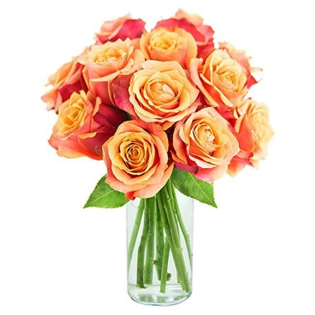 KaBloom: Fresh Flowers - Bouquet of 12 Orange Roses in a Glass Vase