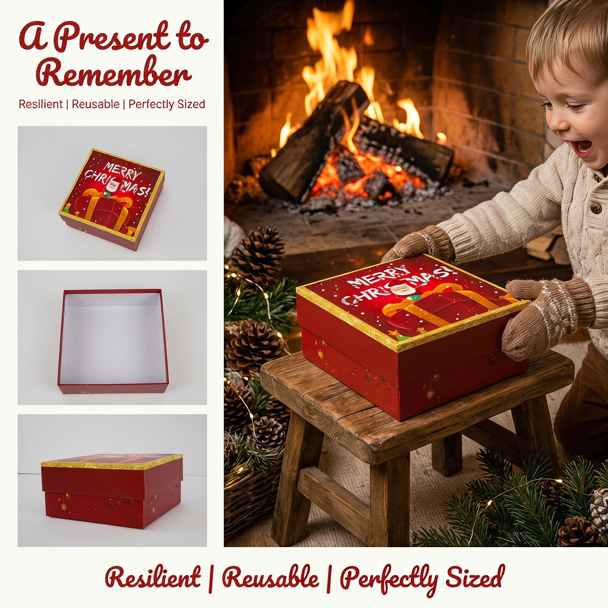 Unique Bargains Elegant Gift Box with Lid Featuring Christmas Pattern Red 6.6"x6.6"x3.1"