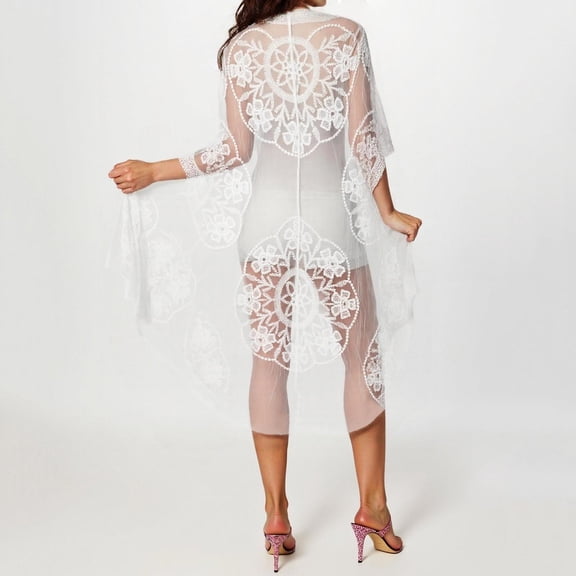 Women's Lace Floral Dress Loose Kaftan Boho Roomy Kimono Beach Bikini Cover Up Dresses Swimsuit Sarong Cover Ups for Women Bathing Suit Dress Cover Ups Women Bikini Cover up Pants Cover up Stick for
