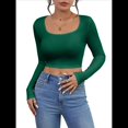 thumbnail image 3 of Tops Cortos de Larga para Mujer, con Cuello Cuadrado Acanalado, Ajustados, Informales, A para Dama Verde Oscuro M, 3 of 7