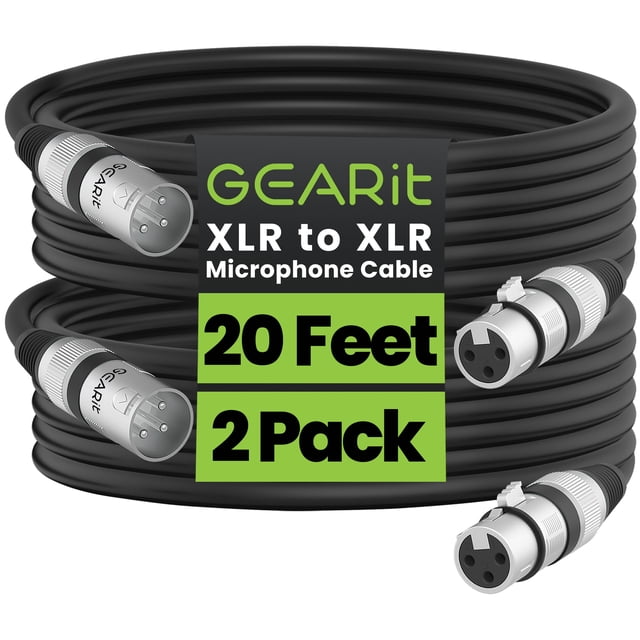 Cable de micrófono GearIt XLR macho a hembra de 6 m, paquete de 2 unidades, negro