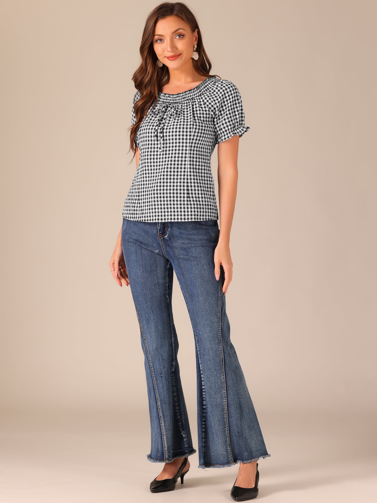 DARING DIVA Woman's Peasant Ruffles Puff Sleeve Gingham Plaid Top L Black