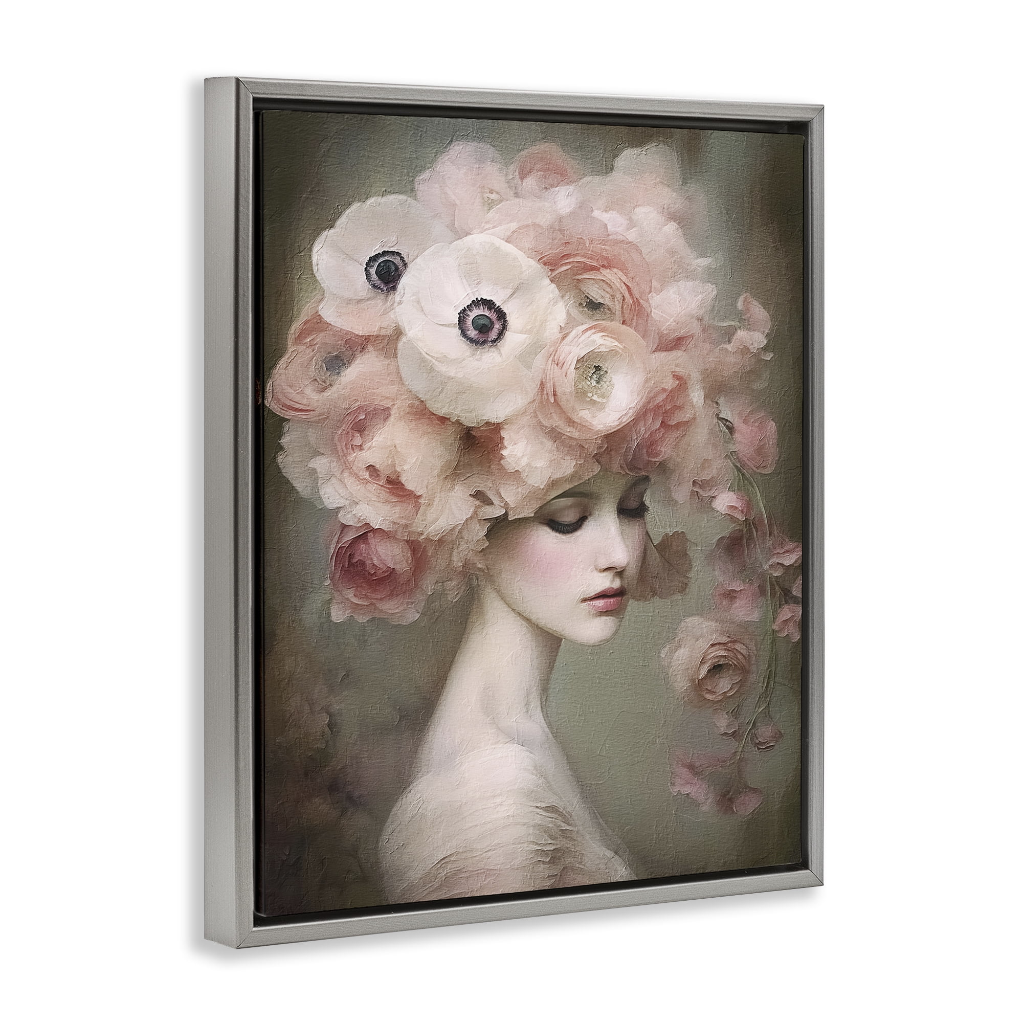 Stupell Industries Woman & Blush Florals Novelty Painting Gray Floater Framed Art Print Wall Art, 17 x 21