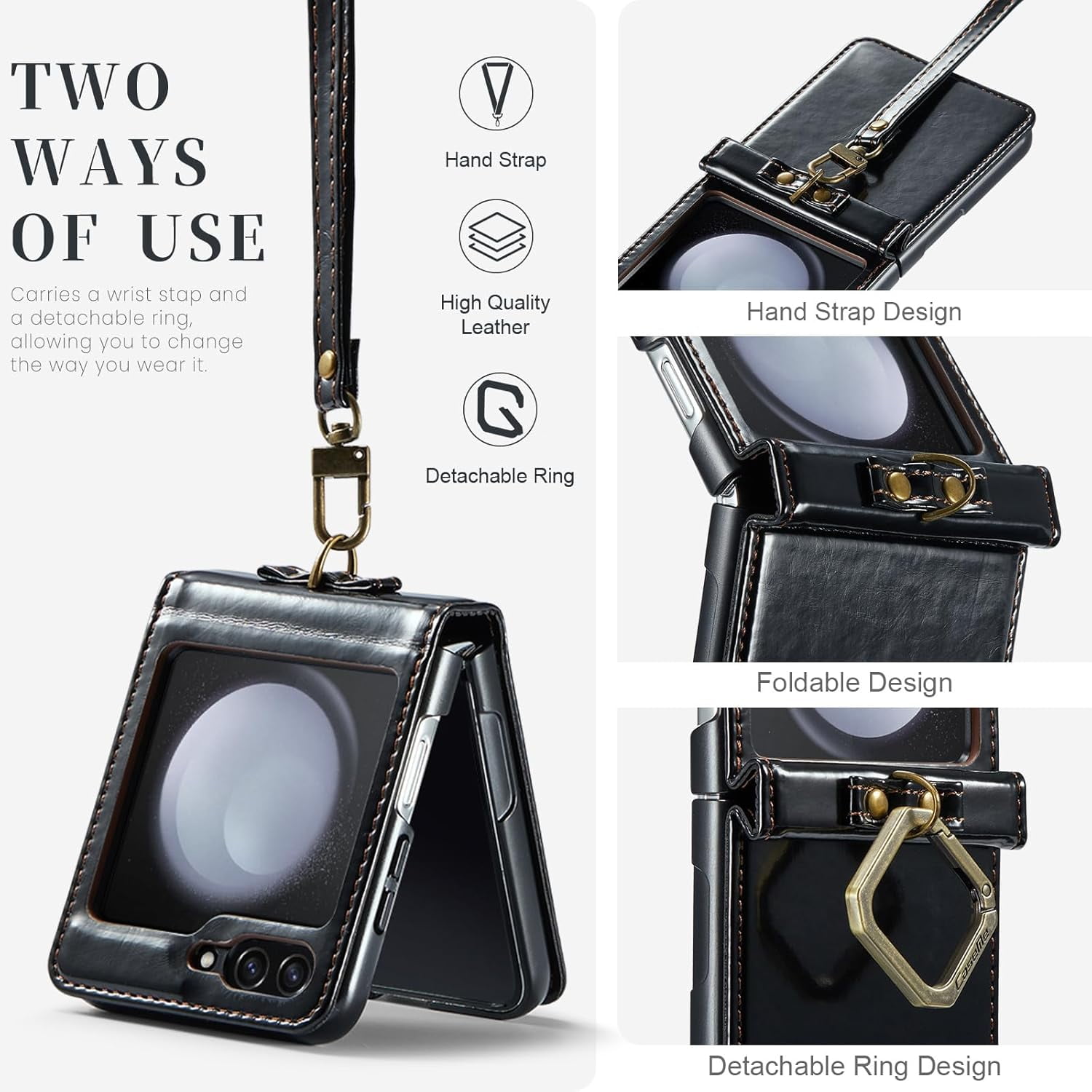 Phone Case for Samsung Galaxy Z Flip 5 5G 2023 with Lanyard Wrist Strap Thin Slim PU Leather Shockproof Hard Shell Protective Cell Cover ZFlip5 Z5 G Flip5 5Z Women Girls Black