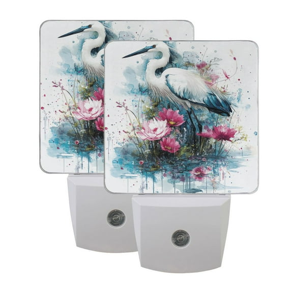 Egret in Water Watercolor LED Night Light with Smart Sensor Plug Into Wall Dusk to Dawn 2 packs