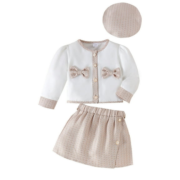 LUOGENLI Outfits for Girls 6-7 Years Old Toddler Girls Spring Winter Long Sleeve Plaid Coat Skirt 3Pcs Outfits Clothes Set Outfits for Girls 4T Winter Outfits for Girls 7-8 Dress Khaki 6-9 Months