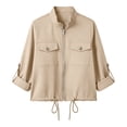 thumbnail image 4 of Women's Zip up Jackets Stand Collar Roll Tab Sleeve Drawstring Hem Coat Breathable Loose Outdoor Hiking Jackets Outerwear, 4 of 9