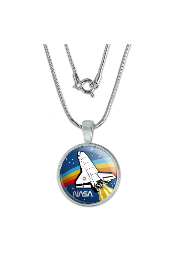NASA Logo Over Space Shuttle with Rainbow 0.75" Pendant with Sterling Silver Plated Chain