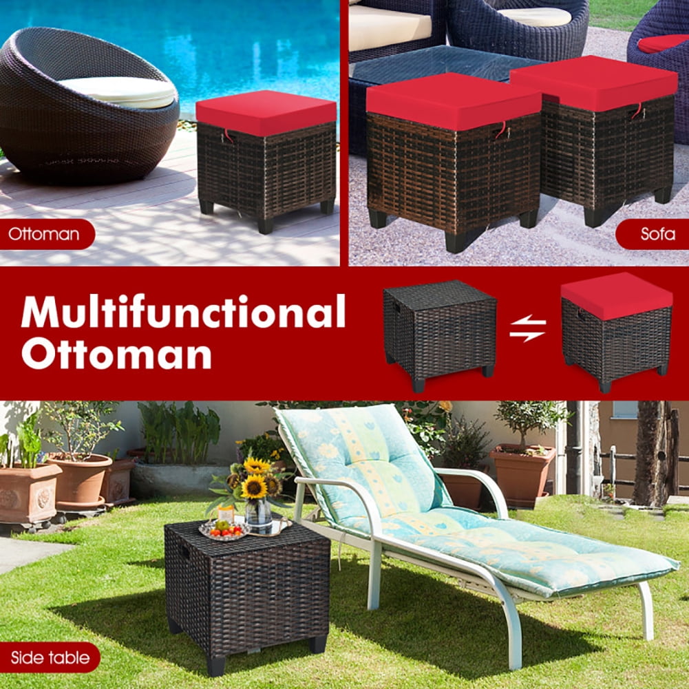 Aimee Lii 2 Pieces Patio Rattan Ottoman Set with Removable Cushions, Outdoor Patio Furniture Set, Red