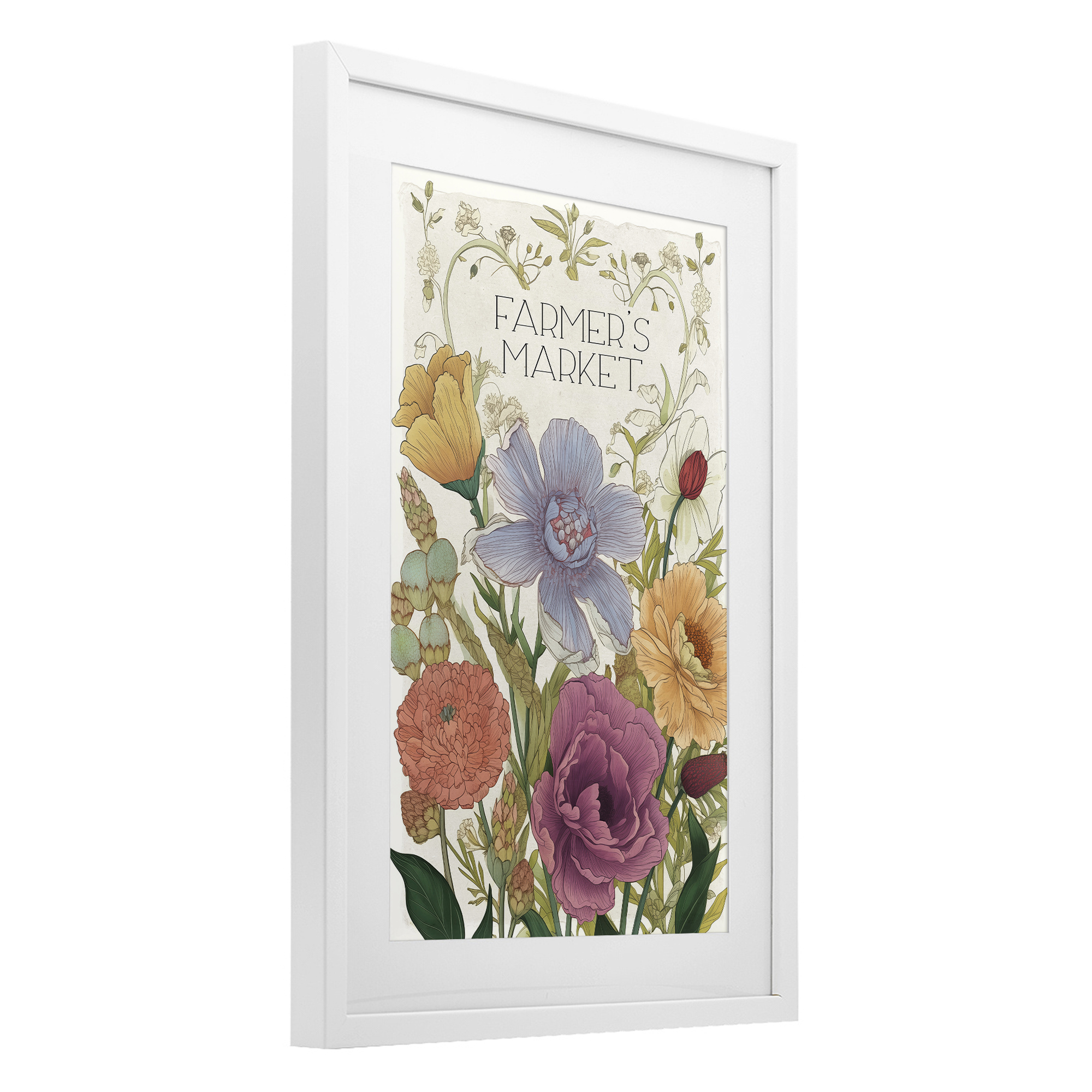 Vintage Farmer's Market Garden White Framed Print Under Glass, design by Sasha