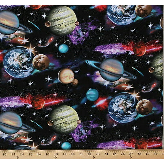Cotton In Space Solar System Planets Universe Stars Moons Cotton Fabric Print by the Yard 1297 Black