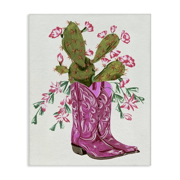 Stupell Industries Pink Accent Cactus & Boots Plants & Flowers Painting Wrapped Canvas Art Print Wall Art, 16 x 20