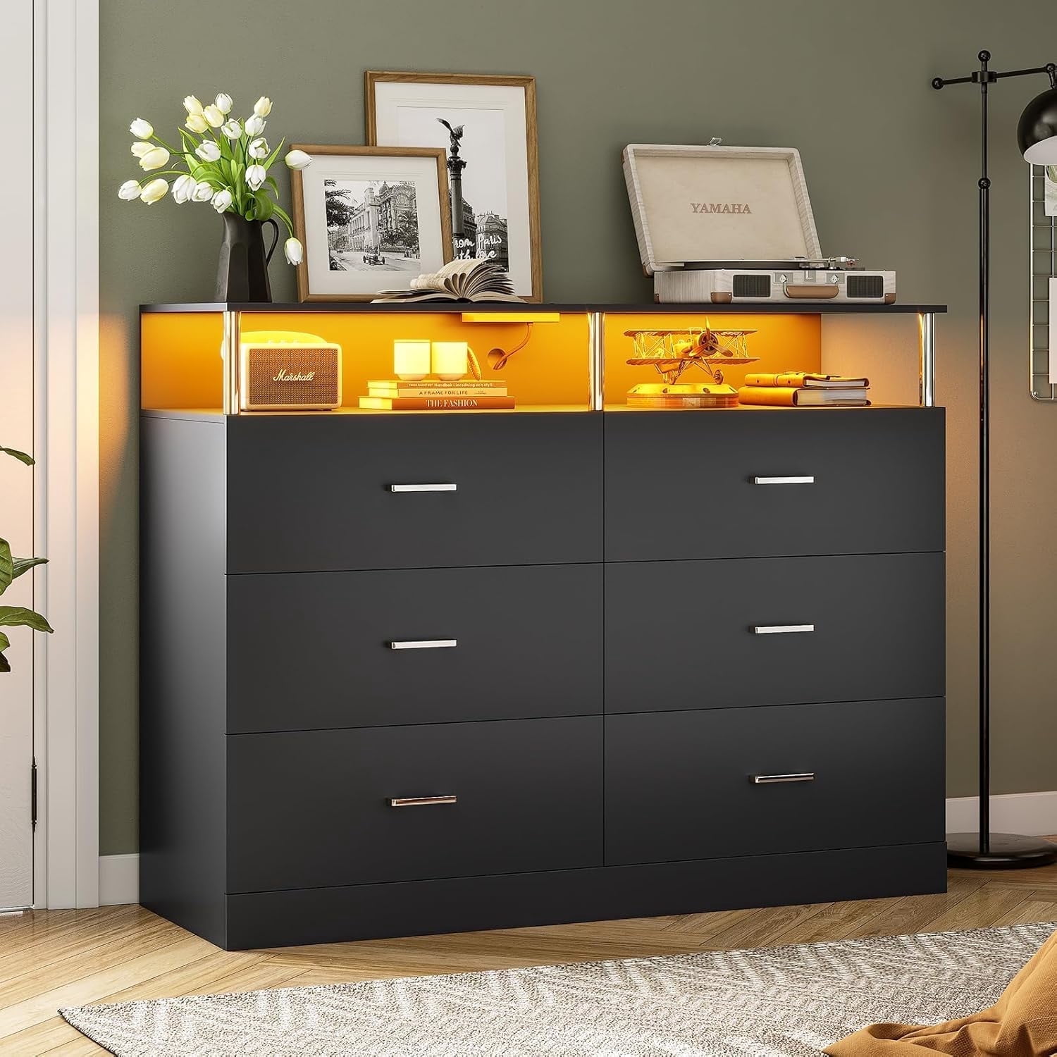 AOGLLATI Black Dresser for Bedroom Living Room 6 Drawers Chest of Drawers with LED Lights Charging Station