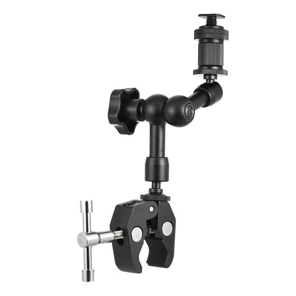 7-Inch Metal Friction Arm with 360° Swivel Knuckle & Adjustable Clamp Mount (Max 2.1" Opening) - Dual 1/4" Screws, Removable Hot Shoe Adapter for Camera, Monitor, LED Light, Flash - Non-Slip Rubber,