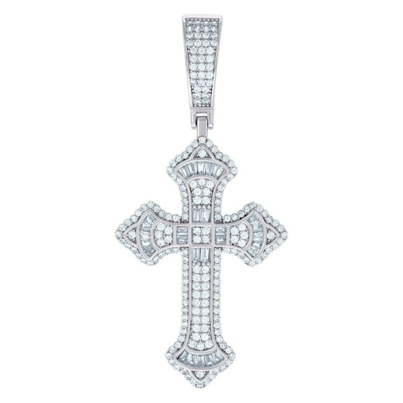 925 Sterling Silver Mens Baguette Round Cubic Zirconia Cross Religious Charm Pendant 61.5x28.2mm Wide Necklace for Men