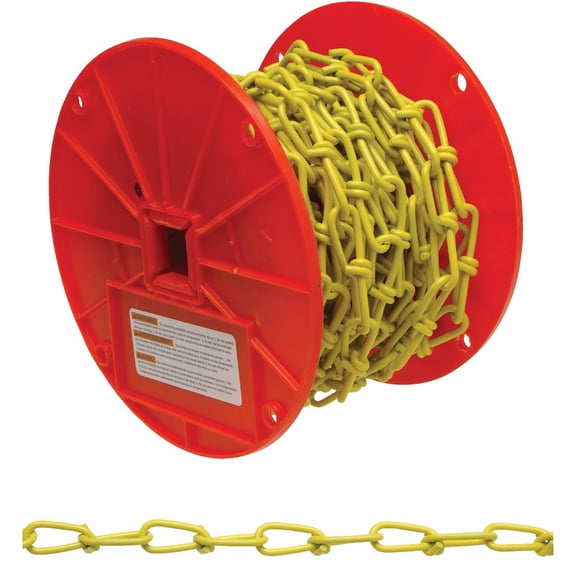 Campbell PD0722087 Low Carbon Steel Inco Double Loop Chain on Reel, Yellow Polycoated, 2/0 Trade, 0.14" Diameter, 50' Length, 255 lbs Load Capacity