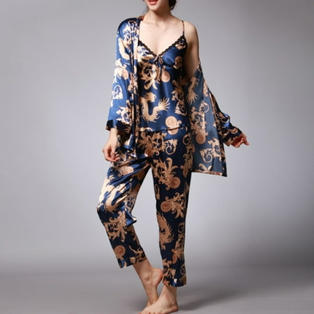 

Women s Pajamas Set 3-Piece Silk Satin Sleepwear Printed Nightwear
