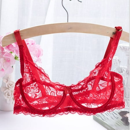 

YIWEI 2018 Women’s Comfy Sexy Lingerie Lace Transparent bra Underwire Bra Underwear Red 80B