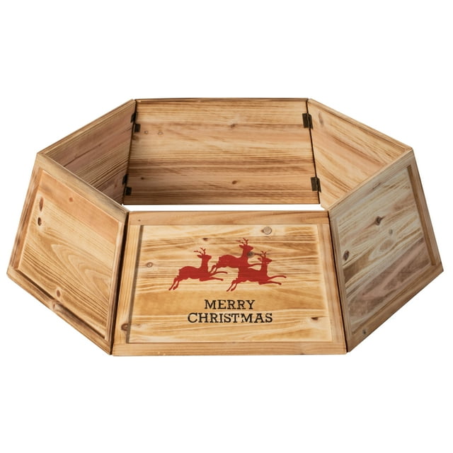 Gardenised Natural Wood Christmas Tree Collar with Deer Pattern Panels Foldable Ring Box Cover and Festive Base Wrap Perfect Holiday Skirt Alternative for Indoor Displays & Seasonal Home Decor