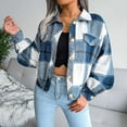 thumbnail image 3 of Defitshape Women's Long Sleeve Plaid Shirt Jacket Soft Flannel Fall Crop Top Vintage Fashion Casual Loose Short Button Down Shacket Royal Blue Small, 3 of 5