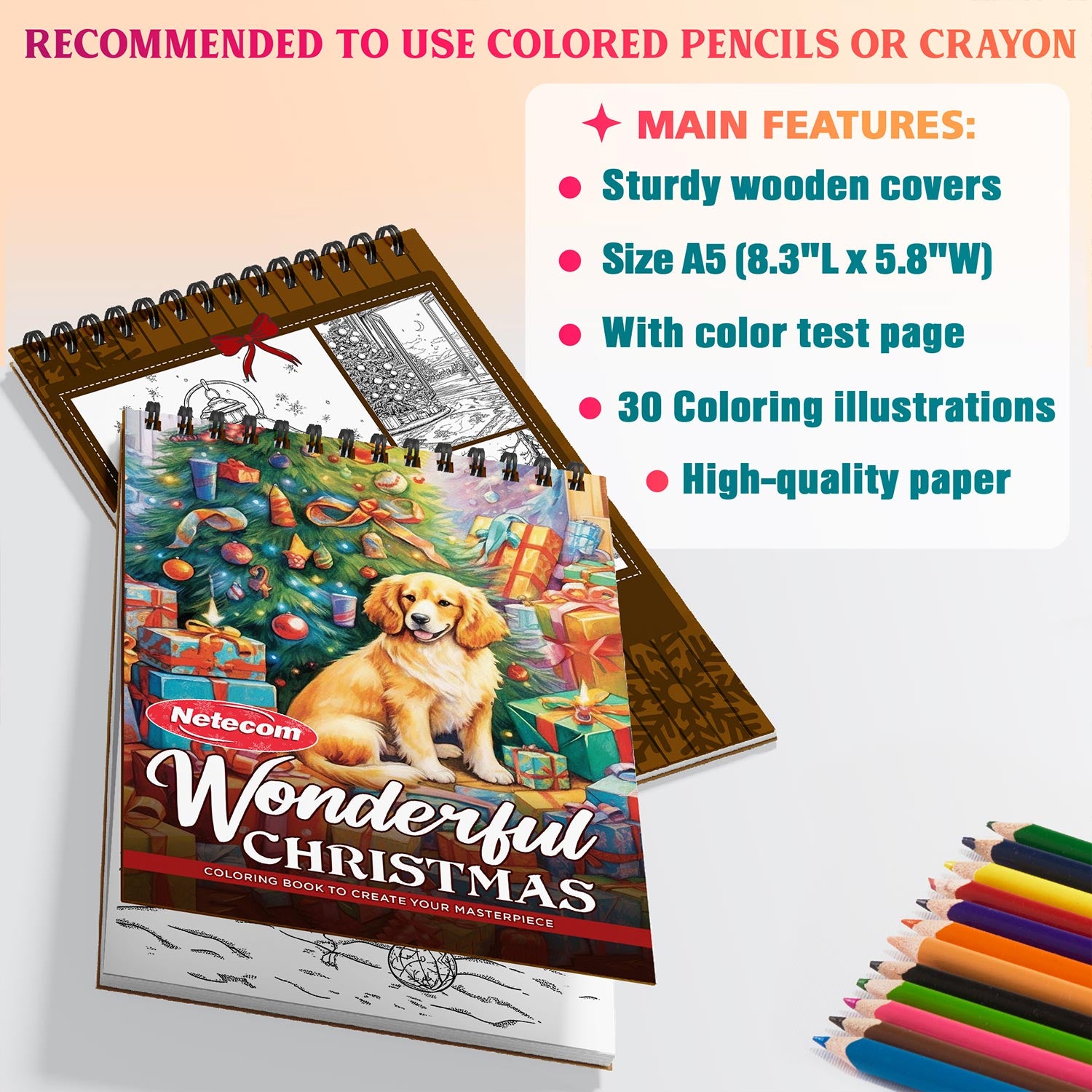 Netecom Wonderful Christmas Coloring Book Spiral Bound For Adults, A5 Wooden Cover, 30 Charming Coloring Pages of Holiday Decorations for Stress Relief and Relaxation