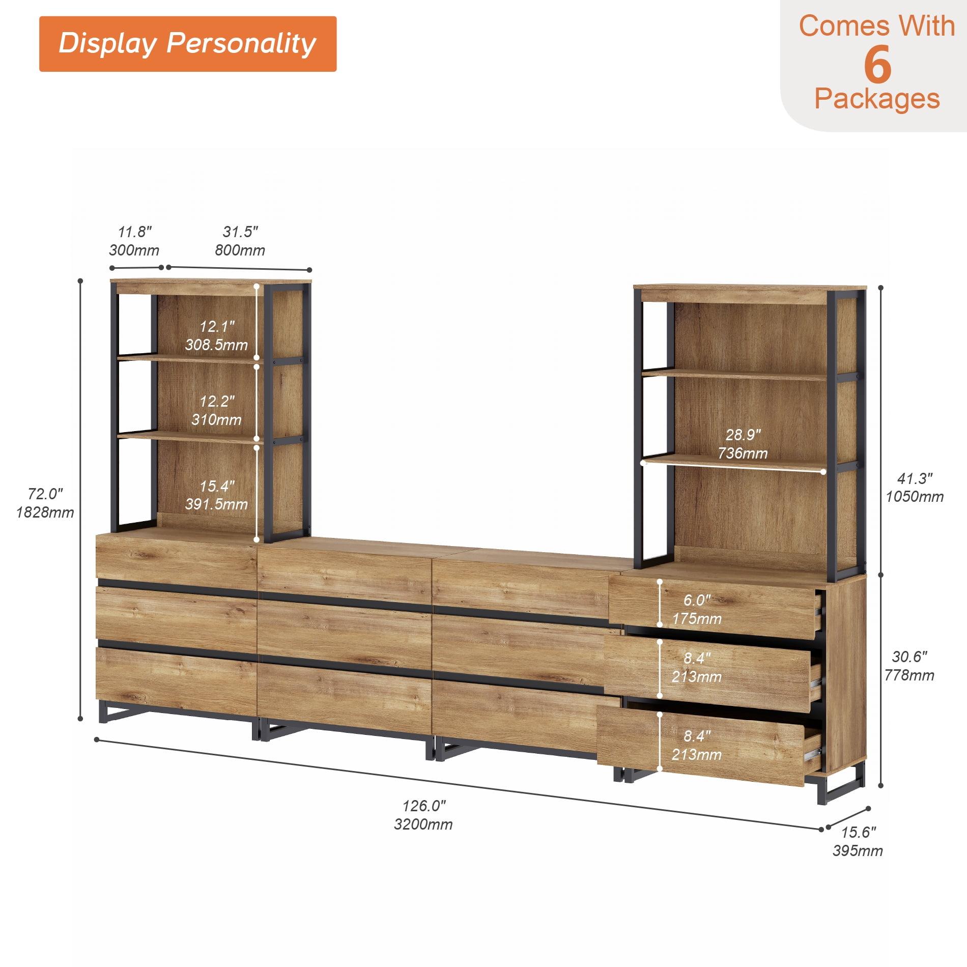 Modern 72" Tall 3 Tier Bookshelf, Bookcase with 12 Drawers & Black Metal Legs, Large Display Library Wood Bookcase Organizers for Home Office, Living Room (Oak)