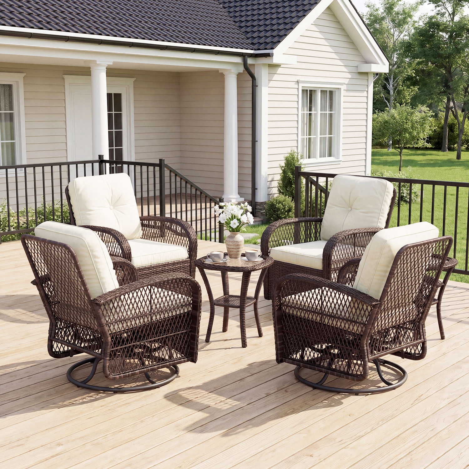 BaPiPro 6-Piece Outdoor Swivel Rocker Wicker Patio Furniture Set, All-Weather Resistant Brown Rattan Conversation Set with Beige Cushions & Tempered Glass Side Tables for Porch, Deck, Backyard