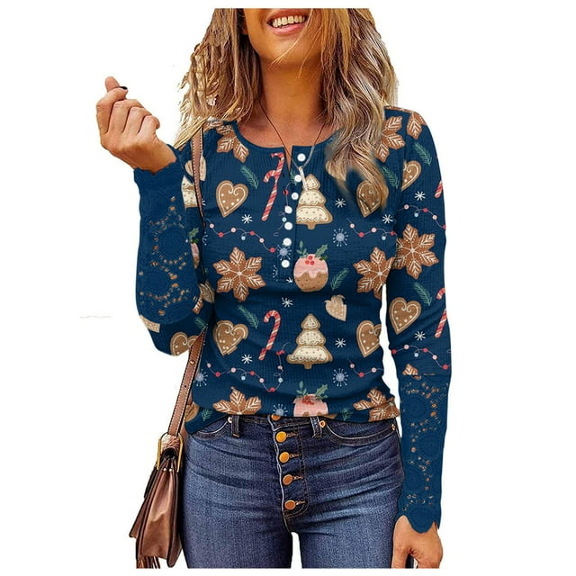 Qertyioot Chandail en Molleton d'Hiver de Noël pour Femmes, Manches Longues, Col Rond Décontracté, Mode Chandail
