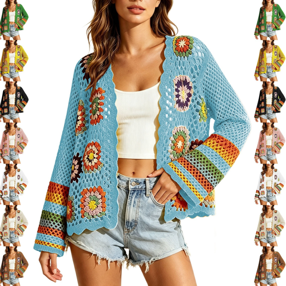 Gamivast Crochet Cardigan for Women Floral Granny Square Long Sleeve Open Front Sweater Casual Boho Knit Jacket Lightweight Patchwork Fall Vacation Tops