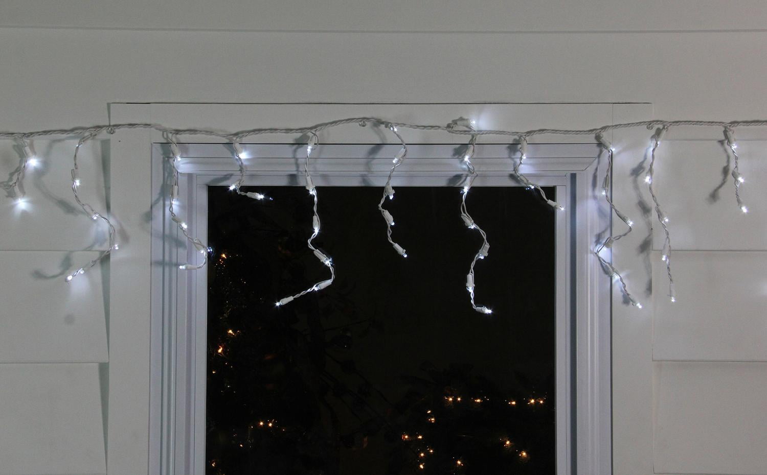 Set of 100 Pure White LED Wide Angle Icicle Christmas Lights - White Wire