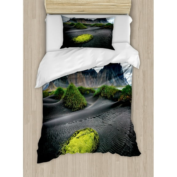 Iceland Duvet Cover Set Twin Size, Dark Beach Scenery Popular Tourist Attractions European Beauty, Decorative 2 Piece Bedding Set with 1 Pillow Sham, Yellow Green Dark Grey, by Ambesonne