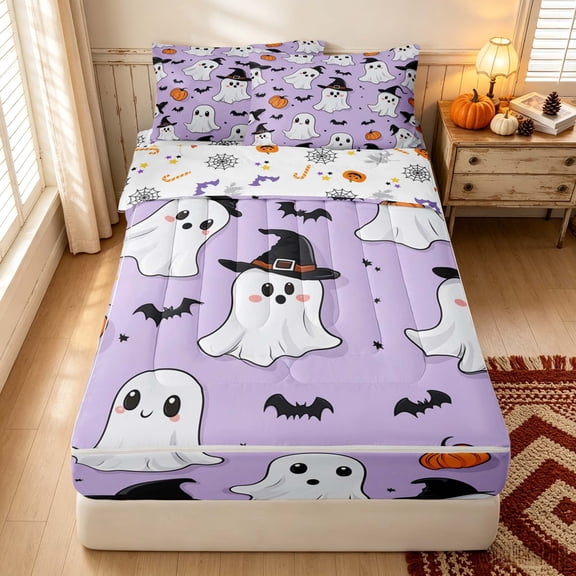 Erosebridal Cartoon Witch Ghost Zipper Twin Comforter Sets with Fitted Sheet and 2 Pillowcases, Halloween Pumpkin Zipper Bedding Set for Boys Girls, Lavender White, Halloween Reversible