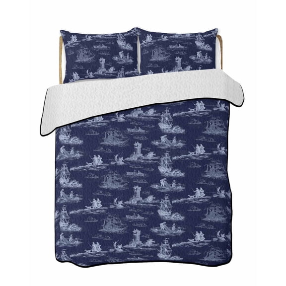 Quilts Twin Size Bedding Set, Nautical Ship Lightweight Quilted Comforter, Blue Vintage Coastal Ocean Lighthouse Map Soft Reversible Bedspread Coverlet with Pillow Covers for All Season, 68" x 86"