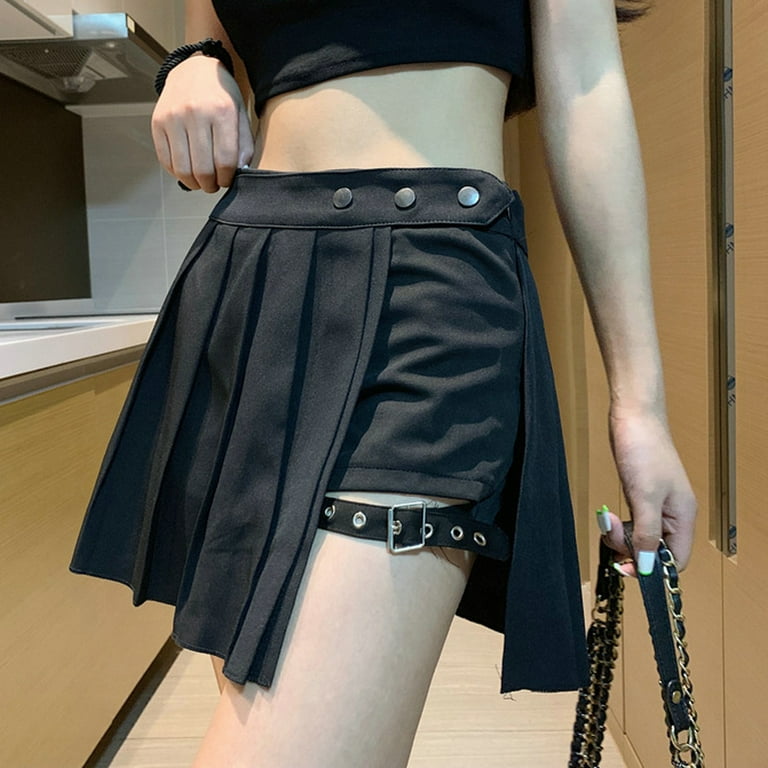 Women Pleated Skirt Short Mini Frill A-line with Chain Punk Gothic Party  Fashion