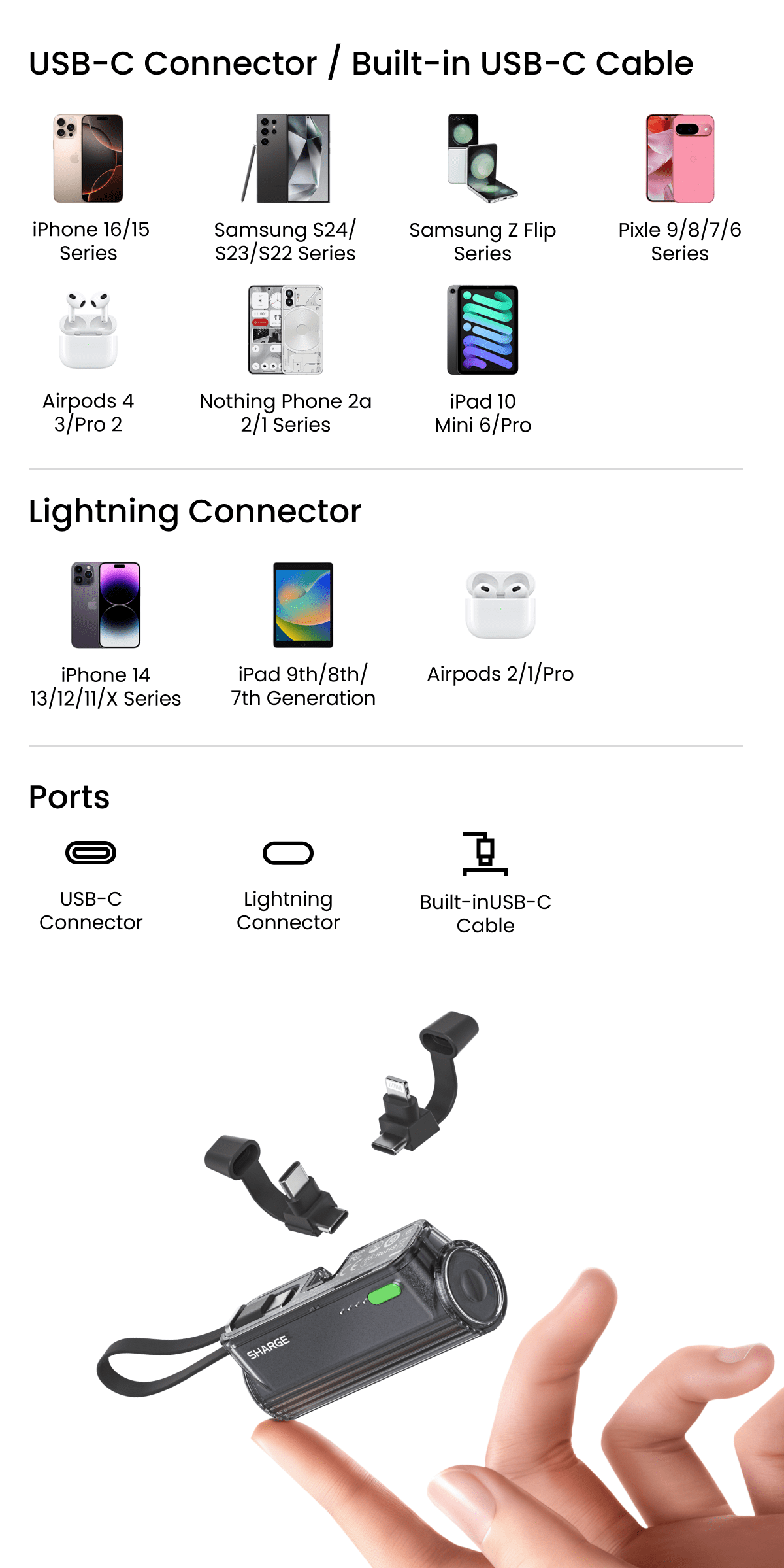 SHARGE Flow Mini 2 Power Bank with Built-in Cable 22.5W Max Portable Charger for Travel, Fast Charging Battery Pack with iOS and USB-C Connector for iPhone 16/15/14, Galaxy, Google, and More