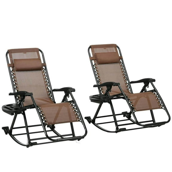 Yardi Yarda 2 Outdoor Rocking Chairs with Pillow Cup & Phone Holder, Foldable Reclining Zero Gravity Lounge Rockers, Brown