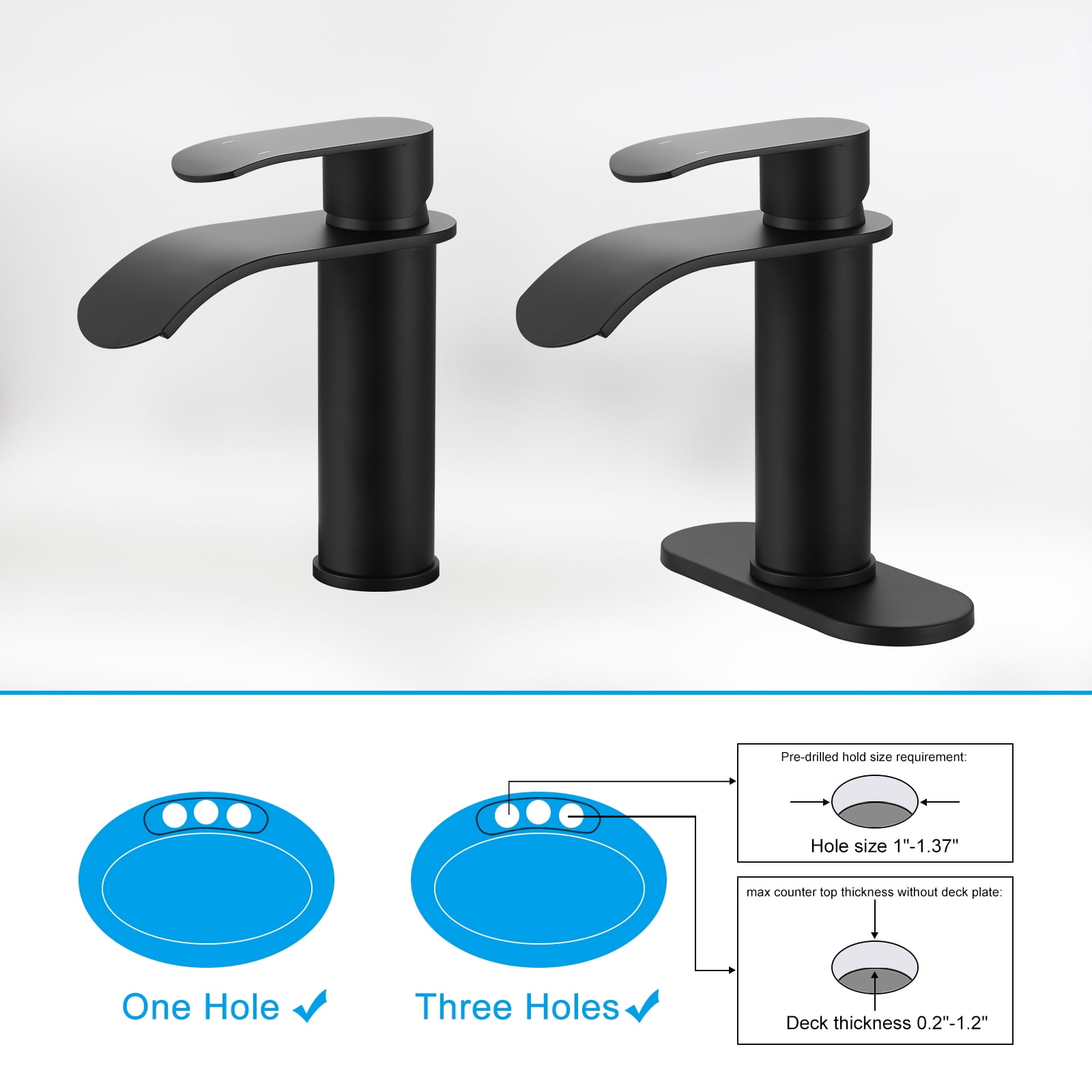 WOWOW Waterfall Bathroom Faucet Matte Black: Bathroom Sink Faucet for 1 Hole or 3 Holes, Single Handle Vanity Faucet with Metal Pop up Drain, Stainless Steel Basin Sink Faucet Tap for RV