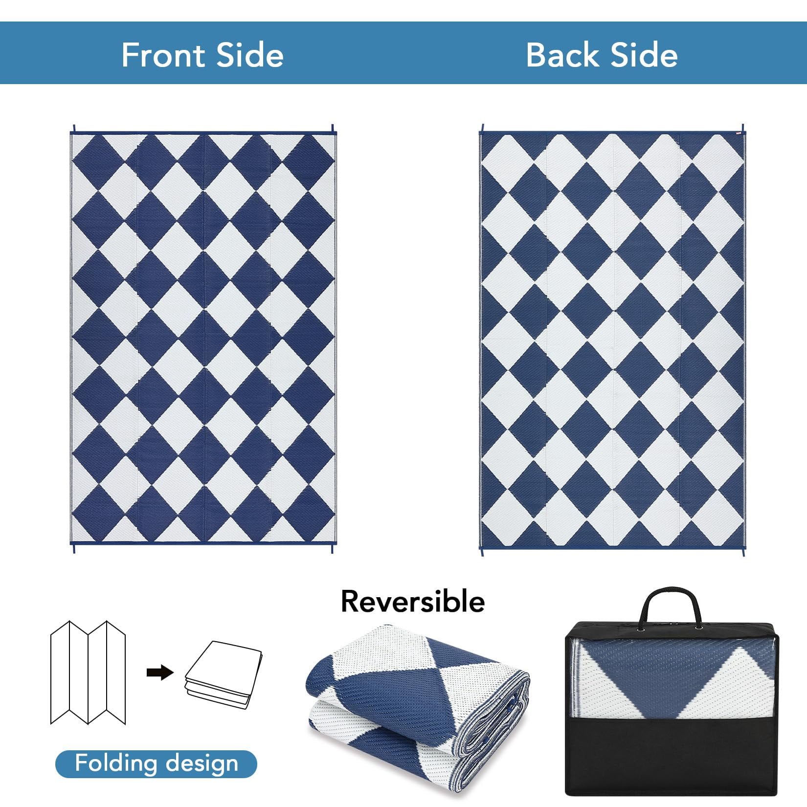 Volkmi Outdoor Rug–Waterproof Reversible Plastic Straw Patio Mat, Modern Geometric & Checkered, Easy Clean, Collapsible with Carry Bag, Navy/White, for Camping, Beach – 9*12ft
