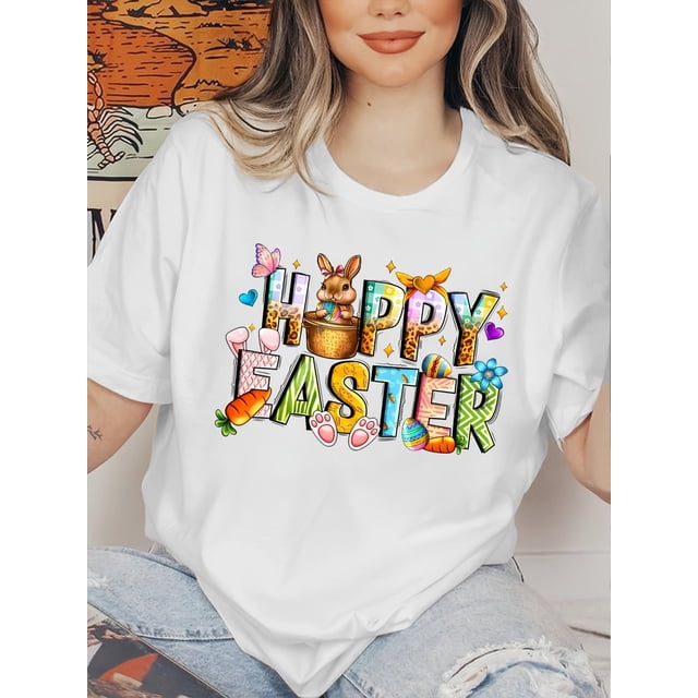 Plus Size Women's easter Tee - Cute Cartoon Letter Print, Casual Round Neck, Short Sleeve, Polyester - Machine Washable, Spring/Summer Collection, Plus Size Blouses Tee For adult, Men, Women, Teen, T
