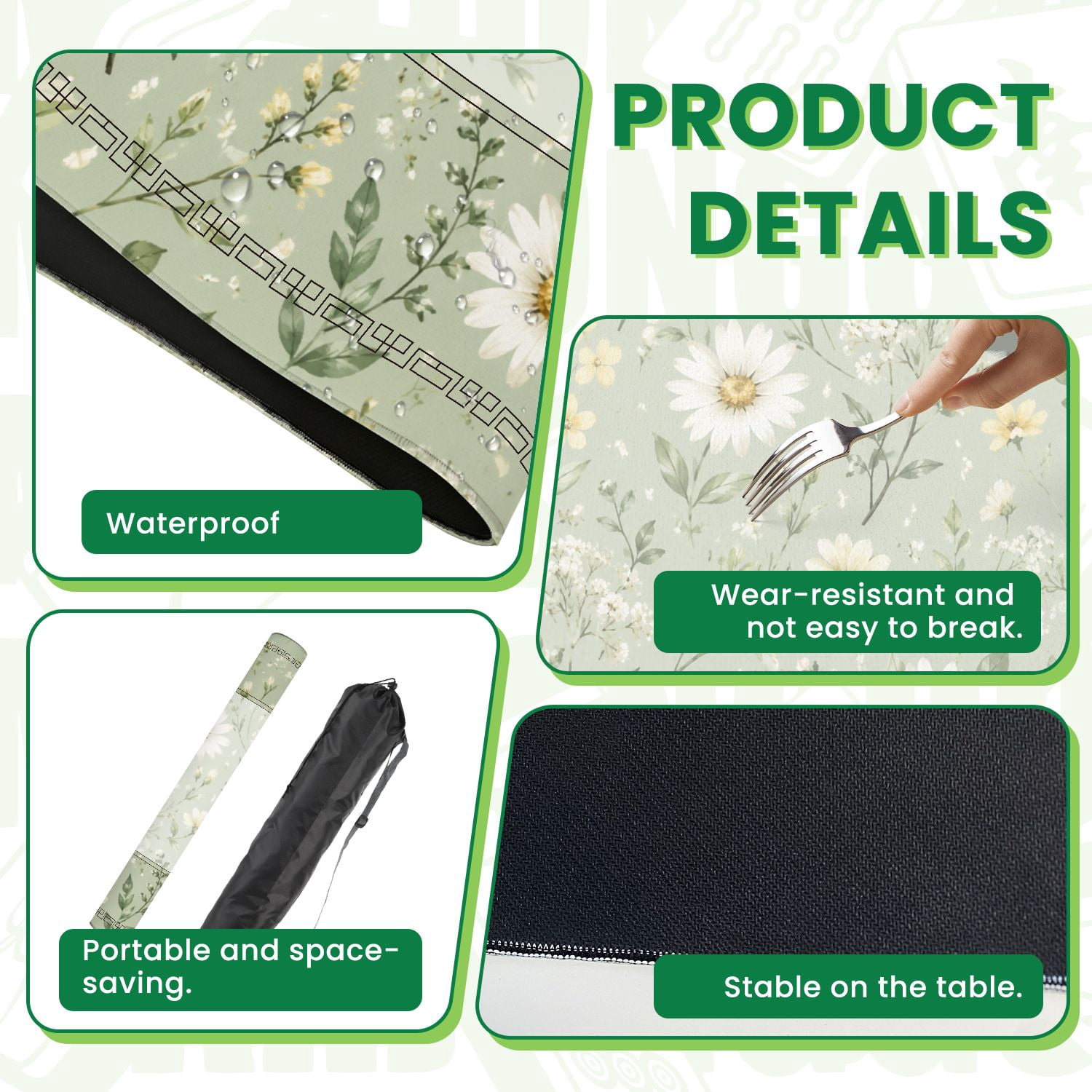 Mahjong Mat 31.5" x 31.5" Floral Daisy Wildflowers Pastel Green Non-Slip Noise Reduction American Mahjong Tiles Table Cover for Dominoes Poker Card Board Games Gift