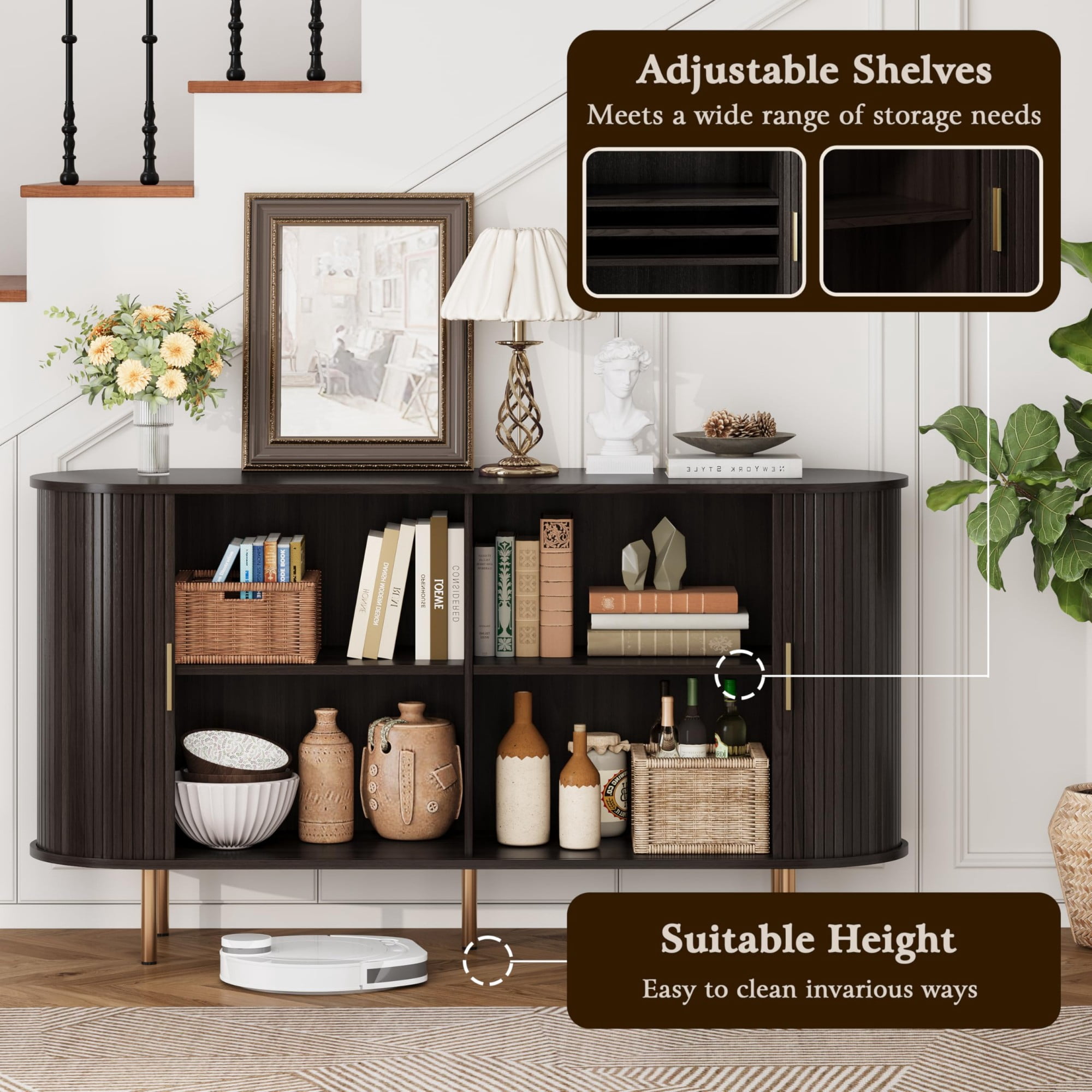 Mid Century Modern Sideboard Buffet Cabinet, 55 Inch Fluted Coffee Bar Console with Tambour Sliding Doors, Black