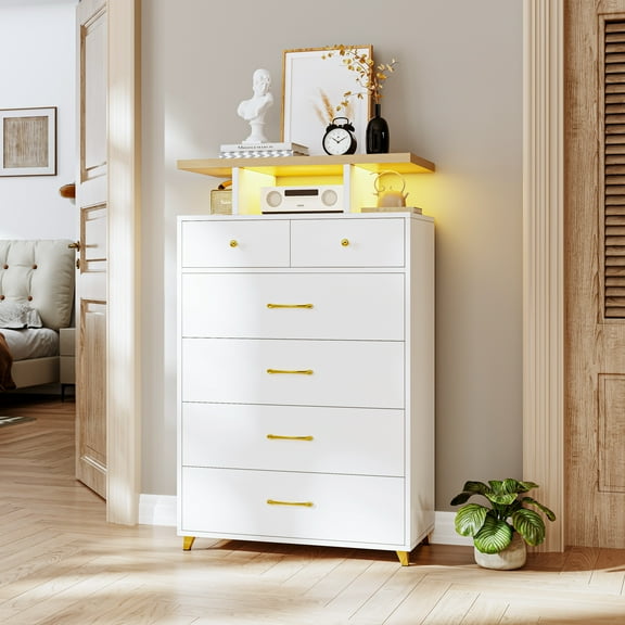 5 Drawer White Dresser with LED Lights & Power Outlets, Modern Storage Cabinet for Bedroom